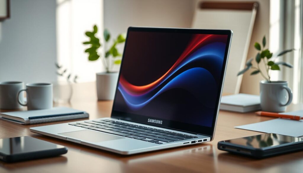 A high-quality, detailed image of the Samsung Galaxy Book laptop being used in a natural, everyday work setting. The device is prominently displayed on a minimalist desk, with a warm, natural lighting illuminating the scene. The laptop's sleek, metallic chassis and vibrant display are showcased, reflecting the device's premium design and performance. The background subtly features office accoutrements like a plant, a mug, and other work-related items, creating a sense of an organized, productive workspace. The overall mood is one of focused, efficient productivity, highlighting the Galaxy Book's capabilities for seamless everyday use.