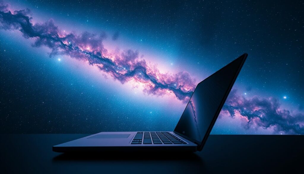 A high-quality, meticulously detailed wide-angle photograph of a Galaxy Book laptop computer set against a dramatic, moody galactic backdrop. The laptop is positioned in the foreground, its sleek, metallic design catching the light and casting soft shadows. The galaxy in the background is a stunning, swirling composition of vibrant blues, purples, and pinks, with wispy clouds of stardust and glimmering stars. The lighting is cinematic, creating a sense of depth and atmosphere. The camera angle is slightly elevated, giving the viewer a sense of immersion and wonder. The overall mood is one of awe and contemplation, perfectly capturing the essence of the "Galaxy Book" and its place in the cosmos.