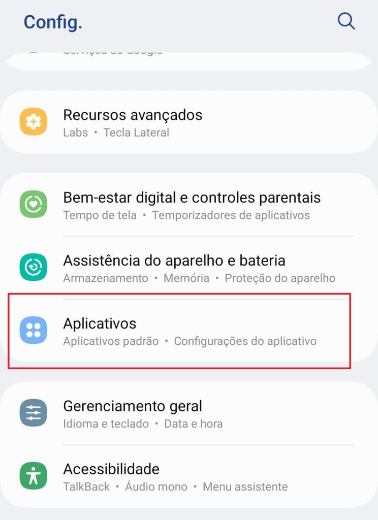 tela de configuração do Android
