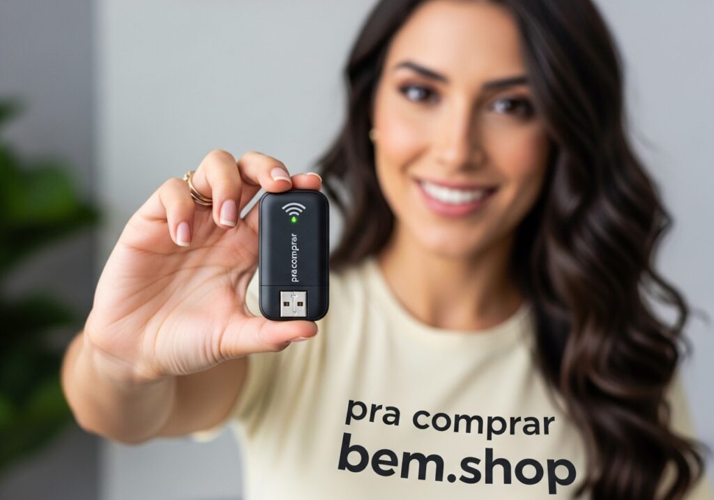 uma mulher segurando um adaptador usb wifi