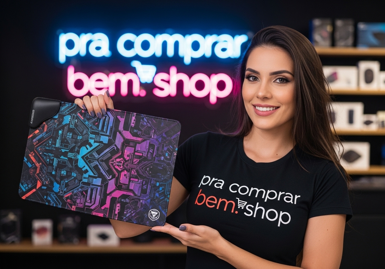 bela mulher segurando mouse pad